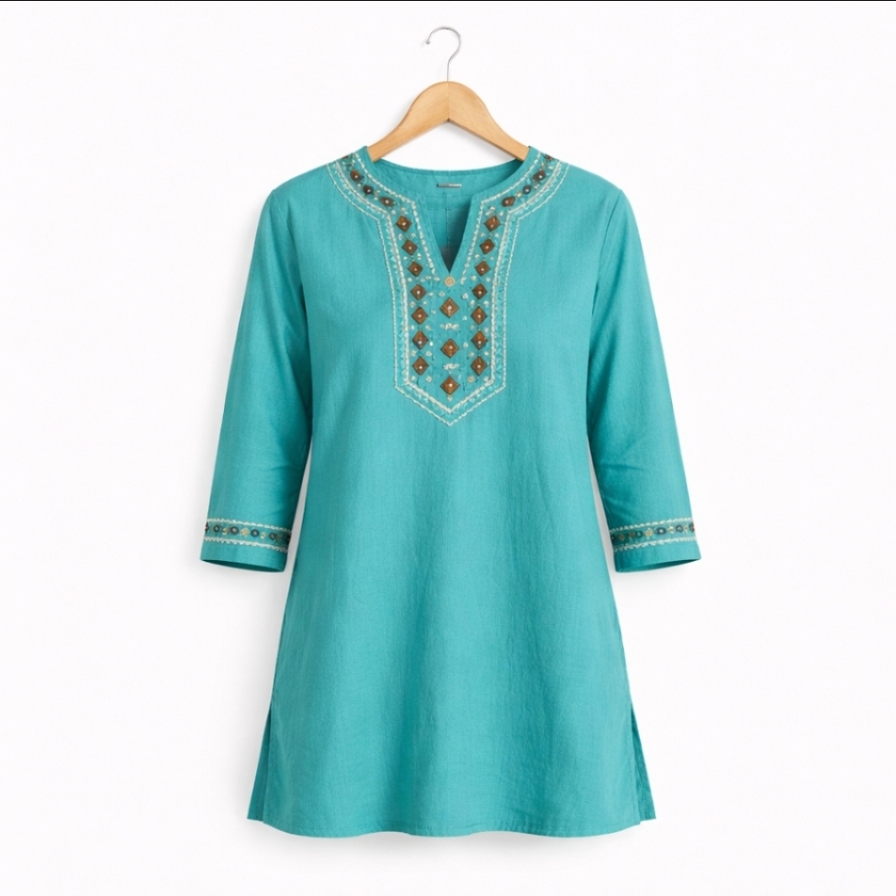 Dana Buchman Turquoise Tunic Bohemian Embroidered Top Sz M